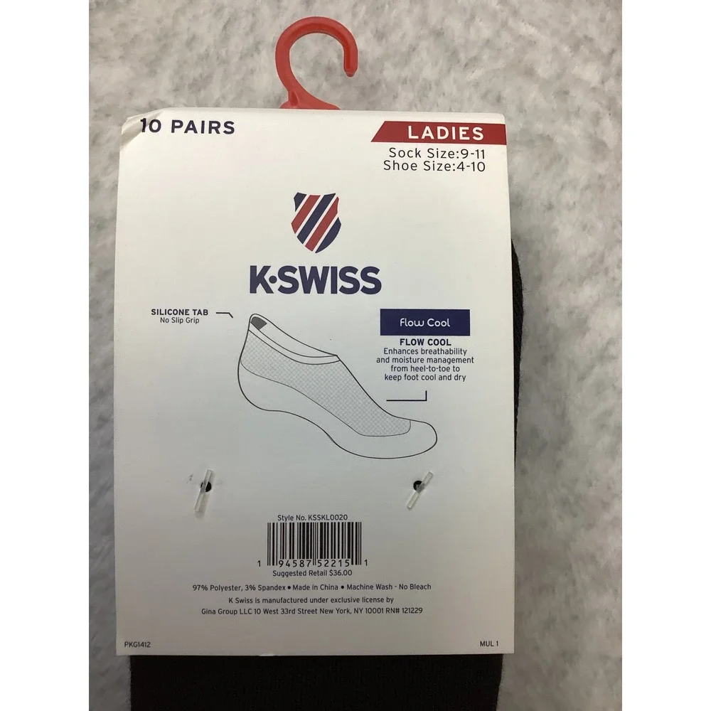 K-Swiss Ladies 10 Pair No Show Liner Sock Black Silicone Tab size 4-10 KSSKL0020